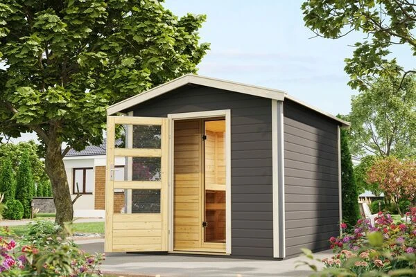 KARIBU Bosse 1 Saunahaus, Terragrau, Fichte, 231x273x235 Cm, Mit Vorraum, Fronteinstieg Und 9 KW Bio-Ofen 3 KARIBU Bosse 1 Saunahaus, Terragrau, Fichte, 231x273x235 Cm, Mit Vorraum, Fronteinstieg Und 9 KW Bio-Ofen