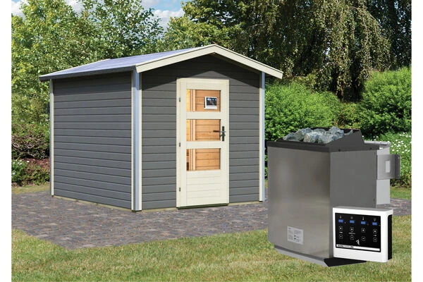 KARIBU Bosse 1 Saunahaus, Terragrau, Fichte, 231x273x235 Cm, Mit Vorraum, Fronteinstieg Und 9 KW Bio-Ofen 4 KARIBU Bosse 1 Saunahaus, Terragrau, Fichte, 231x273x235 Cm, Mit Vorraum, Fronteinstieg Und 9 KW Bio-Ofen – Bild 2