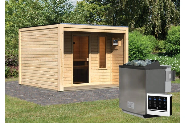 KARIBU Eldor Saunahaus, Naturbelassen, Fichte, 276x276x210 Cm, Mit Bronzierter Tür, Terrasse Und 9 KW Bio-Ofen 4 KARIBU Eldor Saunahaus, Naturbelassen, Fichte, 276x276x210 Cm, Mit Bronzierter Tür, Terrasse Und 9 KW Bio-Ofen – Bild 2