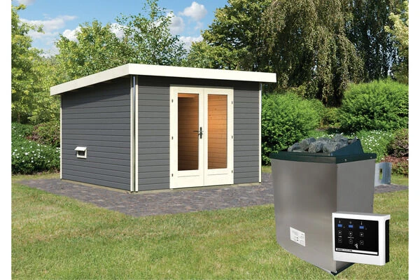 KARIBU Mainburg 1 Saunahaus, Terragrau, Fichte, 309x309x229 Cm, SET B Mit Doppelflügeltür, Vorraum Und 9 KW Ofen 3 KARIBU Mainburg 1 Saunahaus, Terragrau, Fichte, 309x309x229 Cm, SET B Mit Doppelflügeltür, Vorraum Und 9 KW Ofen