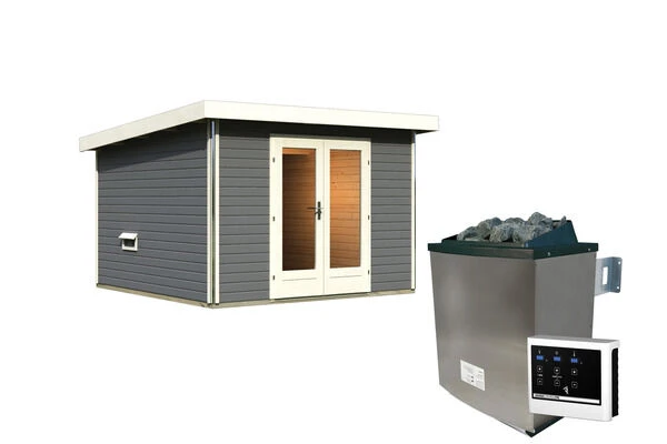 KARIBU Mainburg 1 Saunahaus, Terragrau, Fichte, 309x309x229 Cm, SET B Mit Doppelflügeltür, Vorraum Und 9 KW Ofen 4 KARIBU Mainburg 1 Saunahaus, Terragrau, Fichte, 309x309x229 Cm, SET B Mit Doppelflügeltür, Vorraum Und 9 KW Ofen – Bild 2