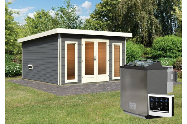 KARIBU Mainburg 3 Saunahaus, Terragrau, Fichte, 369x369x229 Cm, SET B Mit Doppelflügeltür, Vorraum Und 9 KW Bio-Ofen 3 KARIBU Mainburg 3 Saunahaus, Terragrau, Fichte, 369x369x229 Cm, SET B Mit Doppelflügeltür, Vorraum Und 9 KW Bio-Ofen