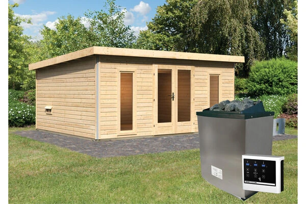 KARIBU Mainburg 4 Saunahaus, Naturbelassen, Fichte, 490x368x229 Cm, SET B Mit Doppelflügeltür, Vorraum Und 9 KW Ofen 4 KARIBU Mainburg 4 Saunahaus, Naturbelassen, Fichte, 490x368x229 Cm, SET B Mit Doppelflügeltür, Vorraum Und 9 KW Ofen – Bild 2