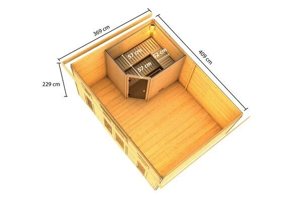 KARIBU Mainburg 4 Saunahaus, Naturbelassen, Fichte, 490x368x229 Cm, SET B Mit Doppelflügeltür, Vorraum Und 9 KW Ofen 7 KARIBU Mainburg 4 Saunahaus, Naturbelassen, Fichte, 490x368x229 Cm, SET B Mit Doppelflügeltür, Vorraum Und 9 KW Ofen – Bild 5