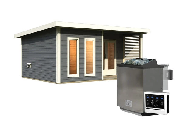 KARIBU Mainburg 5 Saunahaus, Terragrau, Fichte, 508x368x253 Cm, SET A Mit Doppelflügeltür, Terrasse Und 9 KW Bio-Ofen 5 KARIBU Mainburg 5 Saunahaus, Terragrau, Fichte, 508x368x253 Cm, SET A Mit Doppelflügeltür, Terrasse Und 9 KW Bio-Ofen – Bild 3