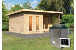 KARIBU Mainburg 5 Saunahaus, Naturbelassen, Fichte, 508x368x253 Cm, SET B Mit Doppelflügeltür, Terrasse Und 9 KW Ofen -Kettler Verkaufs-Shop 31326 2 02.jpg
