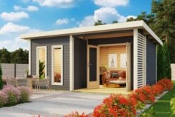 KARIBU Mainburg 5 Saunahaus, Terragrau, Fichte, 508x368x253 Cm, SET B Mit Doppelflügeltür, Terrasse Und 9 KW Ofen