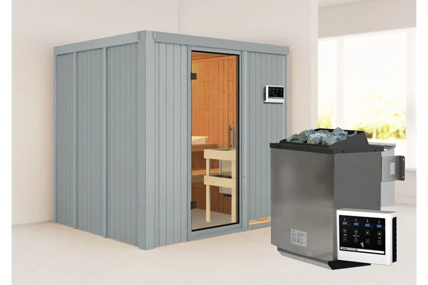 KARIBU Sodin Sauna, Lichtgrau, Fichte, 196x170x198 Cm, Inkl. Fronteinstieg, Ganzglastür Und 4,5 KW Bio-Ofen Ext. Strg. 3 KARIBU Sodin Sauna, Lichtgrau, Fichte, 196x170x198 Cm, Inkl. Fronteinstieg, Ganzglastür Und 4,5 KW Bio-Ofen Ext. Strg.