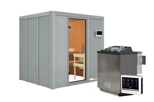 KARIBU Sodin Sauna, Lichtgrau, Fichte, 196x170x198 Cm, Inkl. Fronteinstieg, Ganzglastür Und 4,5 KW Bio-Ofen Ext. Strg. 4 KARIBU Sodin Sauna, Lichtgrau, Fichte, 196x170x198 Cm, Inkl. Fronteinstieg, Ganzglastür Und 4,5 KW Bio-Ofen Ext. Strg. – Bild 2