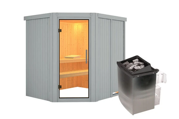 KARIBU Siirin Sauna, Lichtgrau, Fichte, 196x170x198 Cm, Inkl. Eckeinstieg, Ganzglastür Und 4,5 KW Ofen Integr. Strg. 4 KARIBU Siirin Sauna, Lichtgrau, Fichte, 196x170x198 Cm, Inkl. Eckeinstieg, Ganzglastür Und 4,5 KW Ofen Integr. Strg. – Bild 2