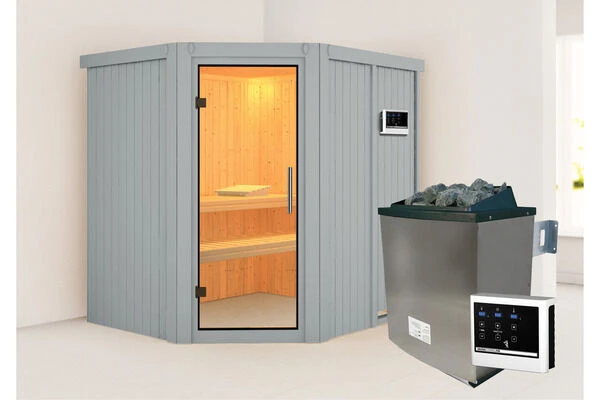 KARIBU Siirin Sauna, Lichtgrau, Fichte, 196x170x198 Cm, Inkl. Eckeinstieg, Ganzglastür Und 4,5 KW Ofen Ext. Strg. 3 KARIBU Siirin Sauna, Lichtgrau, Fichte, 196x170x198 Cm, Inkl. Eckeinstieg, Ganzglastür Und 4,5 KW Ofen Ext. Strg.