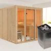 KARIBU Askja Sauna, Naturbelassen, Fichte, 216x234x198 Cm, Inkl. Fronteinstieg, Ganzglastür Und 9 KW Ofen Integr. Strg.