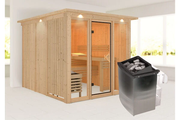 KARIBU Askja Sauna-Set, Naturbelassen, Fichte, 240x248x202 Cm Inkl. Kranz, Ganzglastür Und 9 KW Ofen Integr. Strg. 3 KARIBU Askja Sauna-Set, Naturbelassen, Fichte, 240x248x202 Cm Inkl. Kranz, Ganzglastür Und 9 KW Ofen Integr. Strg.