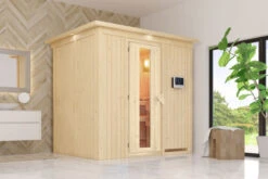 KARIBU Benin Energiespar-Sauna, Naturbelassen, Fichte, 210x165x202 Cm, Mit Kranz Und 3,6 KW Ofen Ext. Steuerung