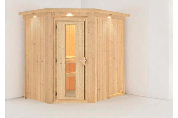 KARIBU Caspin Energiespar-Sauna, Naturbelassen, Fichte, 210x165x202 Cm, Mit Kranz Und Eckeinstieg 4 KARIBU Caspin Energiespar-Sauna, Naturbelassen, Fichte, 210x165x202 Cm, Mit Kranz Und Eckeinstieg – Bild 2