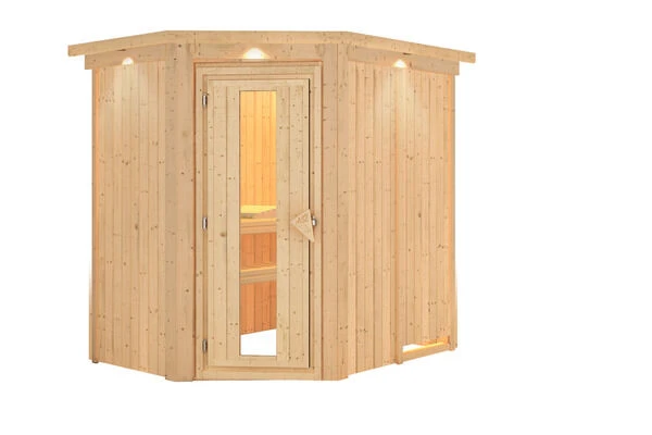KARIBU Caspin Energiespar-Sauna, Naturbelassen, Fichte, 210x165x202 Cm, Mit Kranz Und Eckeinstieg 5 KARIBU Caspin Energiespar-Sauna, Naturbelassen, Fichte, 210x165x202 Cm, Mit Kranz Und Eckeinstieg – Bild 3