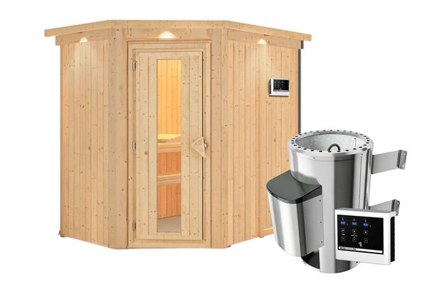 KARIBU Caspin Energiespar-Sauna, Naturbelassen, Fichte, 210x165x202 Cm, Mit Kranz Und 3,6 KW Ofen Ext. Steuerung 5 KARIBU Caspin Energiespar-Sauna, Naturbelassen, Fichte, 210x165x202 Cm, Mit Kranz Und 3,6 KW Ofen Ext. Steuerung – Bild 3