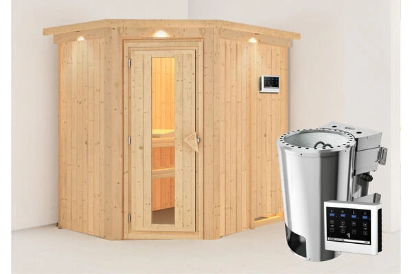 KARIBU Caspin Energiespar-Sauna, Naturbelassen, Fichte, 210x165x202 Cm, Mit Kranz Und 3,6 KW Bio-Ofen Ext. Steuerung 4 KARIBU Caspin Energiespar-Sauna, Naturbelassen, Fichte, 210x165x202 Cm, Mit Kranz Und 3,6 KW Bio-Ofen Ext. Steuerung – Bild 2