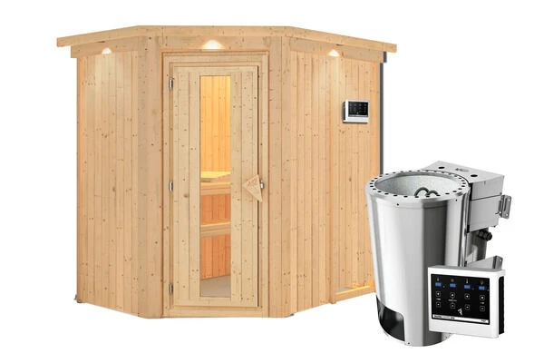 KARIBU Caspin Energiespar-Sauna, Naturbelassen, Fichte, 210x165x202 Cm, Mit Kranz Und 3,6 KW Bio-Ofen Ext. Steuerung 5 KARIBU Caspin Energiespar-Sauna, Naturbelassen, Fichte, 210x165x202 Cm, Mit Kranz Und 3,6 KW Bio-Ofen Ext. Steuerung – Bild 3