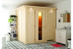 KARIBU Eupin Energiespar-Sauna, Naturbelassen, Fichte, 210x184x202 Cm, Mit Kranz Und Fronteinstieg