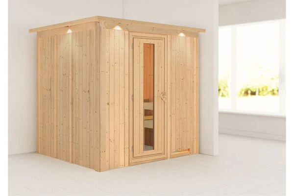 KARIBU Eupin Energiespar-Sauna, Naturbelassen, Fichte, 210x184x202 Cm, Mit Kranz Und Fronteinstieg 4 KARIBU Eupin Energiespar-Sauna, Naturbelassen, Fichte, 210x184x202 Cm, Mit Kranz Und Fronteinstieg – Bild 2