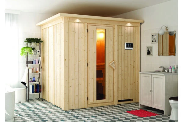 KARIBU Eupin Energiespar-Sauna, Naturbelassen, Fichte, 210x184x202 Cm, Mit Kranz Und 3,6 KW Ofen Ext. Steuerung Modern 3 KARIBU Eupin Energiespar-Sauna, Naturbelassen, Fichte, 210x184x202 Cm, Mit Kranz Und 3,6 KW Ofen Ext. Steuerung Modern