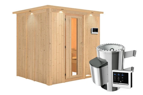 KARIBU Eupin Energiespar-Sauna, Naturbelassen, Fichte, 210x184x202 Cm, Mit Kranz Und 3,6 KW Ofen Ext. Steuerung Modern 5 KARIBU Eupin Energiespar-Sauna, Naturbelassen, Fichte, 210x184x202 Cm, Mit Kranz Und 3,6 KW Ofen Ext. Steuerung Modern – Bild 3