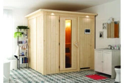 KARIBU Eupin Energiespar-Sauna, Naturbelassen, Fichte, 210x184x202 Cm, Mit Kranz Und 3,6 KW Bio-Ofen Ext. Steuerung Easy