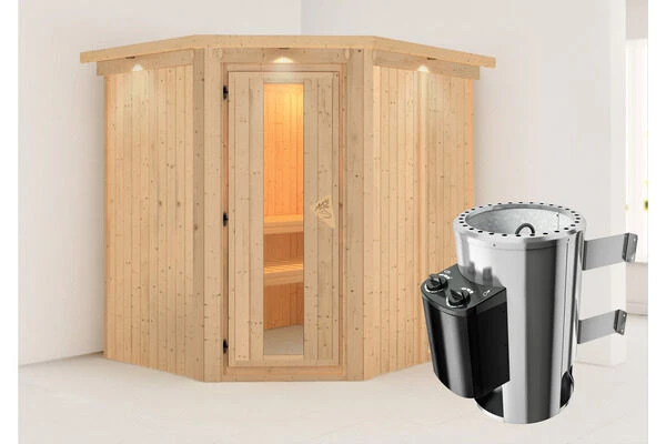 KARIBU Lobin Energiespar-Sauna, Naturbelassen, Fichte, 210x184x202 Cm, Mit Kranz Und 3,6 KW Ofen Integr. Steuerung 4 KARIBU Lobin Energiespar-Sauna, Naturbelassen, Fichte, 210x184x202 Cm, Mit Kranz Und 3,6 KW Ofen Integr. Steuerung – Bild 2