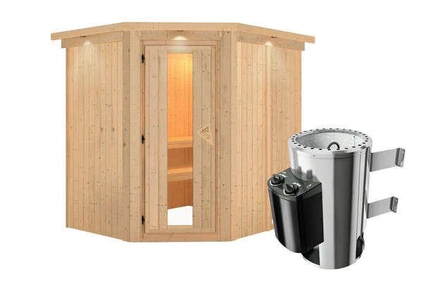 KARIBU Lobin Energiespar-Sauna, Naturbelassen, Fichte, 210x184x202 Cm, Mit Kranz Und 3,6 KW Ofen Integr. Steuerung 5 KARIBU Lobin Energiespar-Sauna, Naturbelassen, Fichte, 210x184x202 Cm, Mit Kranz Und 3,6 KW Ofen Integr. Steuerung – Bild 3