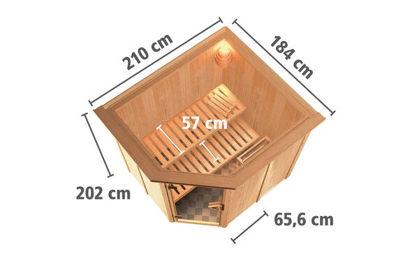 KARIBU Lobin Energiespar-Sauna, Naturbelassen, Fichte, 210x184x202 Cm, Mit Kranz Und 3,6 KW Ofen Integr. Steuerung 7 KARIBU Lobin Energiespar-Sauna, Naturbelassen, Fichte, 210x184x202 Cm, Mit Kranz Und 3,6 KW Ofen Integr. Steuerung – Bild 5