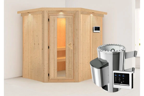 KARIBU Lobin Energiespar-Sauna, Naturbelassen, Fichte, 210x184x202 Cm, Mit Kranz Und 3,6 KW Ofen Ext. Steuerung Modern 4 KARIBU Lobin Energiespar-Sauna, Naturbelassen, Fichte, 210x184x202 Cm, Mit Kranz Und 3,6 KW Ofen Ext. Steuerung Modern – Bild 2