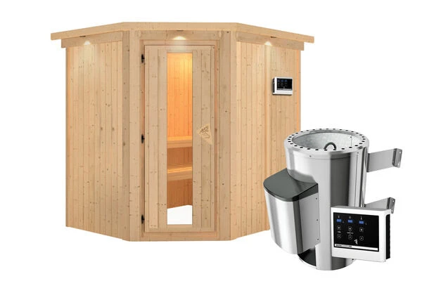 KARIBU Lobin Energiespar-Sauna, Naturbelassen, Fichte, 210x184x202 Cm, Mit Kranz Und 3,6 KW Ofen Ext. Steuerung Modern 5 KARIBU Lobin Energiespar-Sauna, Naturbelassen, Fichte, 210x184x202 Cm, Mit Kranz Und 3,6 KW Ofen Ext. Steuerung Modern – Bild 3