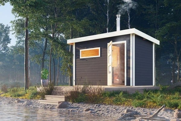 KARIBU Skrollan 1 Saunahaus, Terragrau, Fichte, 336x196x228 Cm, Moderne Tür & Holzofen Inkl. Schornstein 3 KARIBU Skrollan 1 Saunahaus, Terragrau, Fichte, 336x196x228 Cm, Moderne Tür & Holzofen Inkl. Schornstein