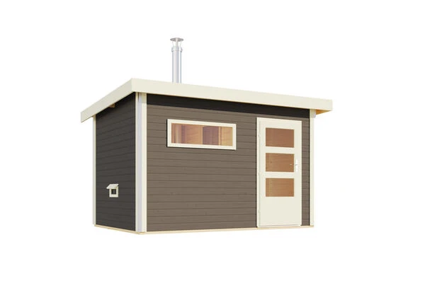 KARIBU Skrollan 2 Saunahaus, Terragrau, Fichte, 336x231x227 Cm, Moderne Tür & Holzofen Inkl. Schornstein 4 KARIBU Skrollan 2 Saunahaus, Terragrau, Fichte, 336x231x227 Cm, Moderne Tür & Holzofen Inkl. Schornstein – Bild 2