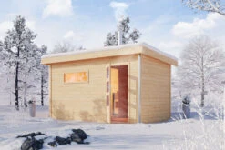 KARIBU Skrollan 3 Saunahaus, Naturbelassen, Fichte, 396x231x227 Cm, Moderne Tür & Holzofen Inkl. Schornstein