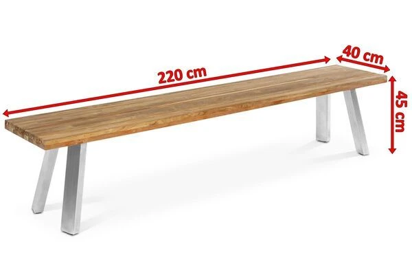 OUTFLEXX Gartenbank, Edelstahl/recyceltes FSC®-Teak, 220x40x45xm, A-Gestell, Rustikal Gebürstet 6 OUTFLEXX Gartenbank, Edelstahl/recyceltes FSC®-Teak, 220x40x45xm, A-Gestell, Rustikal Gebürstet – Bild 4