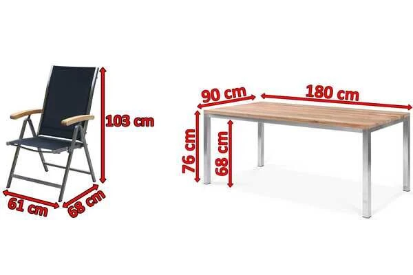 OUTFLEXX Esstischgarnitur, Edelstahl / FSC-Teak, Tisch 180 X 90 Cm, 6 Multipositionssessel, Schwarz 7 OUTFLEXX Esstischgarnitur, Edelstahl / FSC-Teak, Tisch 180 X 90 Cm, 6 Multipositionssessel, Schwarz – Bild 5