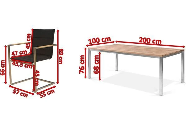 OUTFLEXX Esstischgarnitur, Edelstahl / FSC-Teak, Tisch 200 X 100 Cm, 6 Freischwinger Padded, Schwarz 7 OUTFLEXX Esstischgarnitur, Edelstahl / FSC-Teak, Tisch 200 X 100 Cm, 6 Freischwinger Padded, Schwarz – Bild 5