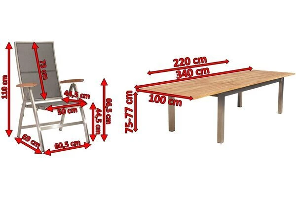STERN Cardiff Esstischgruppe, Silber/silbergrau, Edelstahl/FSC-Teak, Tisch 220/340 X 100 Cm, 6 Multipositionssessel 7 STERN Cardiff Esstischgruppe, Silber/silbergrau, Edelstahl/FSC-Teak, Tisch 220/340 X 100 Cm, 6 Multipositionssessel – Bild 5