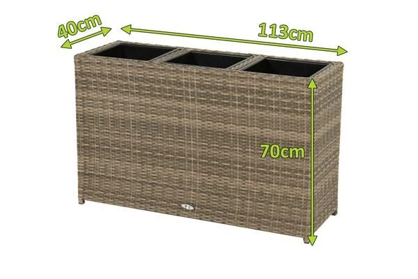 Ploß Rabida Pflanzgefäß, Champagner-meliert, Polyrattan, 113x40x70 Cm, Mit 3 Kunststoffeinsätzen 7 Ploß Rabida Pflanzgefäß, Champagner-meliert, Polyrattan, 113x40x70 Cm, Mit 3 Kunststoffeinsätzen – Bild 5