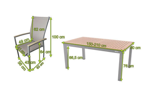 DOPPLER Expert Esstischgarnitur, Silber/Holzoptik/beige, Alu/Textilene, 6x Stapelsessel, 150-210x90 Cm 7 DOPPLER Expert Esstischgarnitur, Silber/Holzoptik/beige, Alu/Textilene, 6x Stapelsessel, 150-210x90 Cm – Bild 5