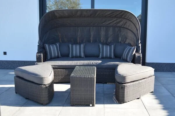OUTFLEXX Houston Loungebett, Grau, Polyrattan, Doppel-halbrund, Viele Stellmöglichkeiten, Dach Klappbar 8 OUTFLEXX Houston Loungebett, Grau, Polyrattan, Doppel-halbrund, Viele Stellmöglichkeiten, Dach Klappbar – Bild 6