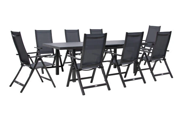 OUTFLEXX Premium Esstischgarnitur, Anthrazit/grau, Alu/Textilene, Ausziehtisch 180/240x100cm, 8 Multipositionssessel 8 OUTFLEXX Premium Esstischgarnitur, Anthrazit/grau, Alu/Textilene, Ausziehtisch 180/240x100cm, 8 Multipositionssessel – Bild 6