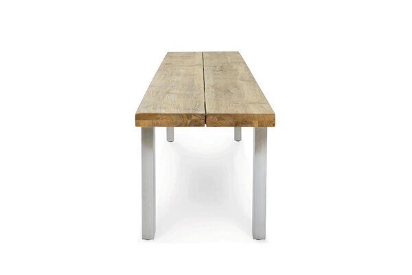 OUTFLEXX Bank, Natur, Edelstahl & Recycled FSC-Teak, 240x40x45cm, Baumkante 9 OUTFLEXX Bank, Natur, Edelstahl & Recycled FSC-Teak, 240x40x45cm, Baumkante – Bild 7